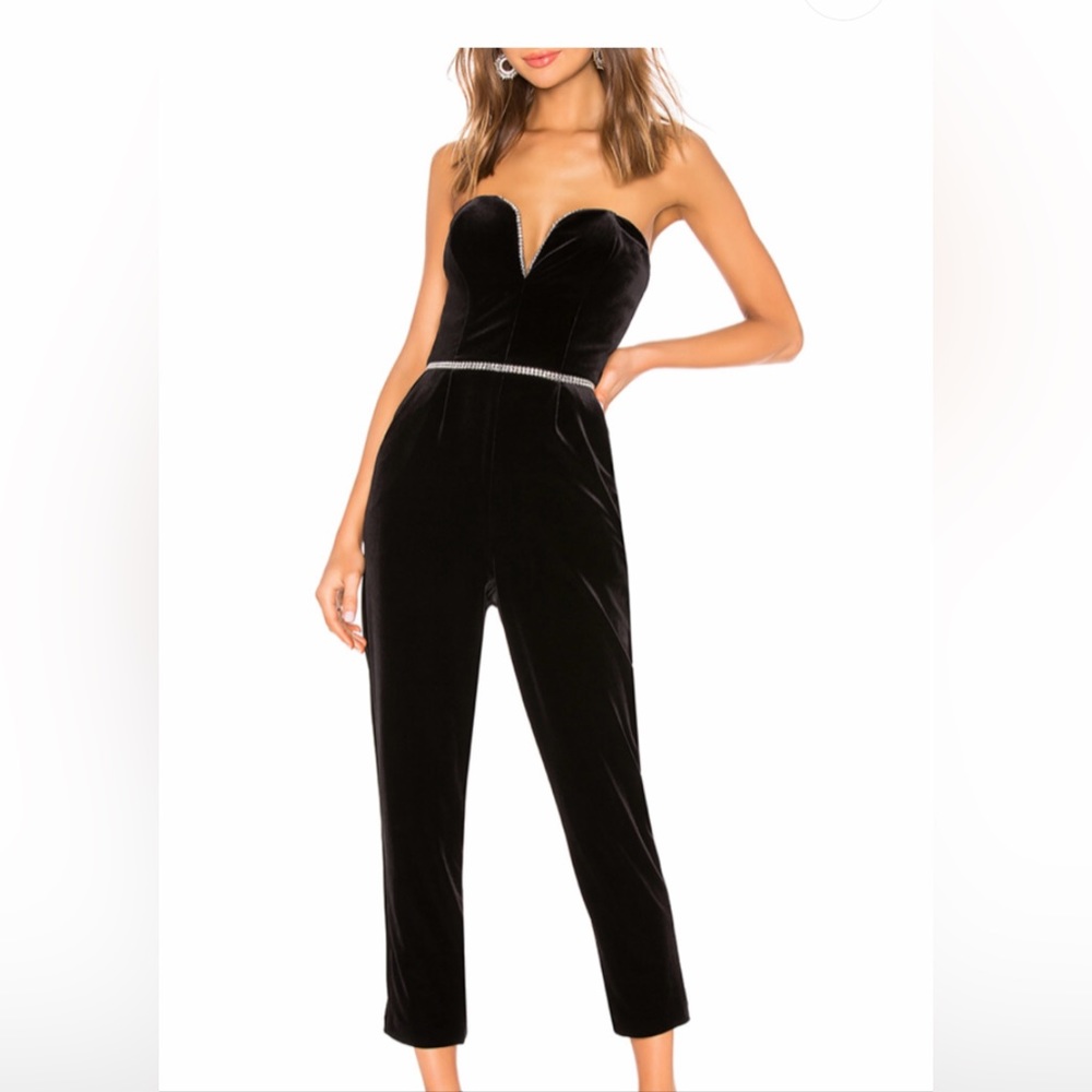 Amanda Uprichard Black Velvet Jumpsuit with jewels around top and waist